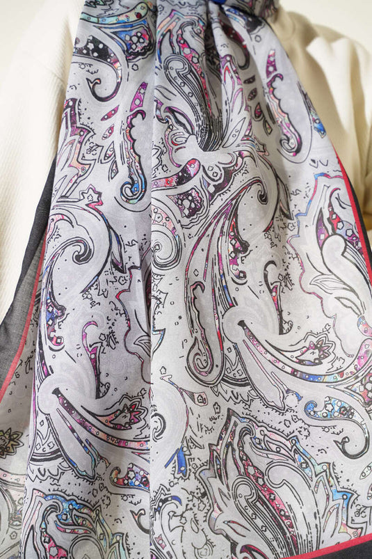 Paisley İşlemeli Soft Şal Siyah Gri