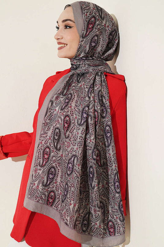 Paisley Kraş Modal Şal Taş Gri