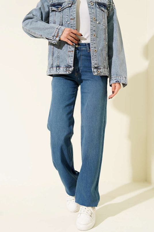 Palazzo Kesik Paça Detaylı Kot Pantolon Açık Mavi