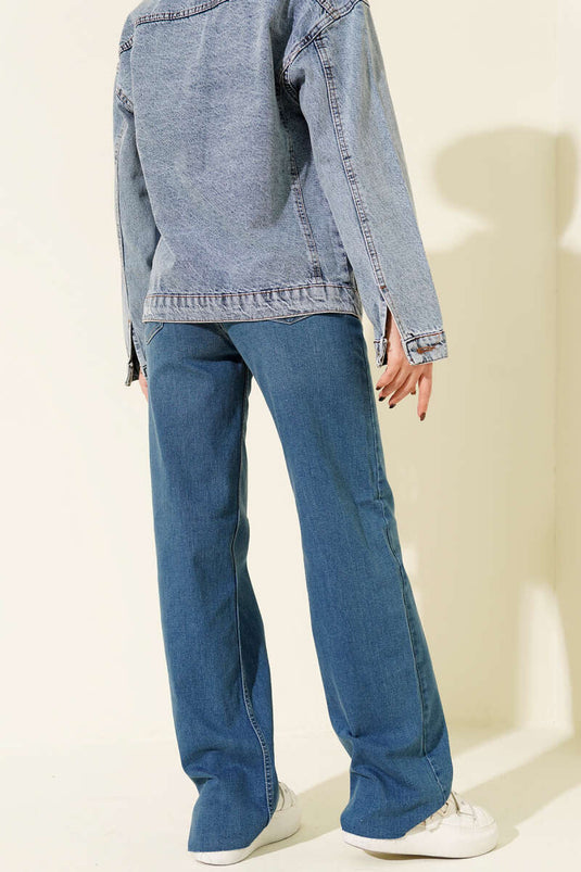 Palazzo Kesik Paça Detaylı Kot Pantolon Açık Mavi