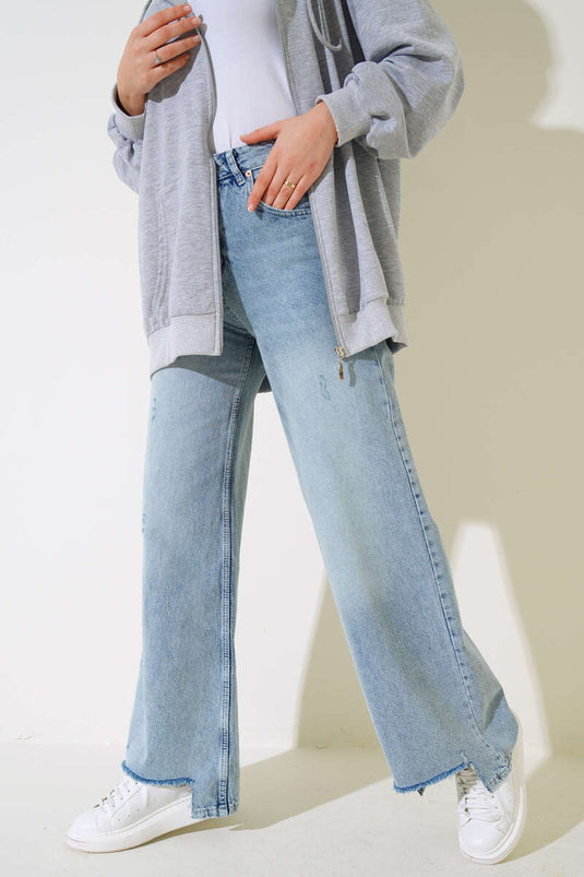 Palazzo-Jeans mit ausgefransten Beinen, Schneelicht