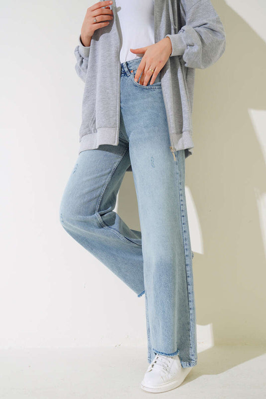 Palazzo-Jeans mit ausgefransten Beinen, Schneelicht