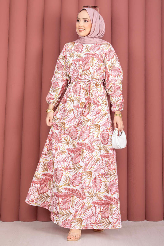 Robe à taille froncée motif Palmiye rose