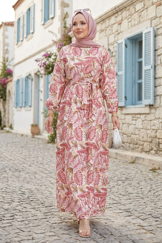 Robe à taille froncée motif Palmiye rose