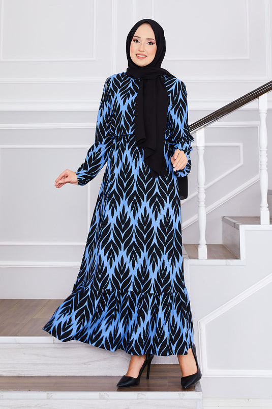 فستان حجاب من الكريب بنقشة شجرة النخيل باللون الأزرق