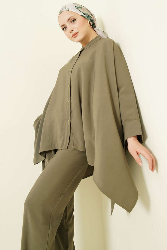 طقم بنطلون واسع من التنسل مزدوج باللون الزيتوني