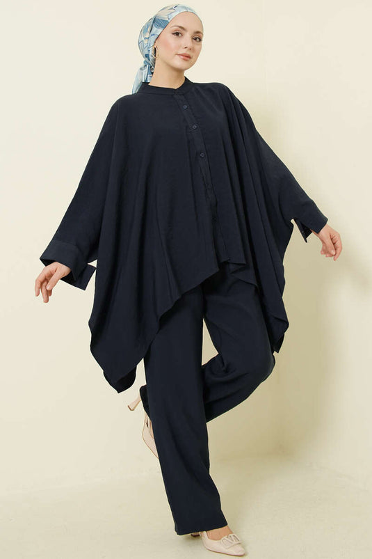 طقم ثنائي بنسل أزرق كحلي واسع بأكمام