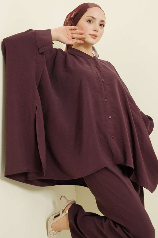 طقم بنطلون واسع من التنسل بلون العنب المزدوج