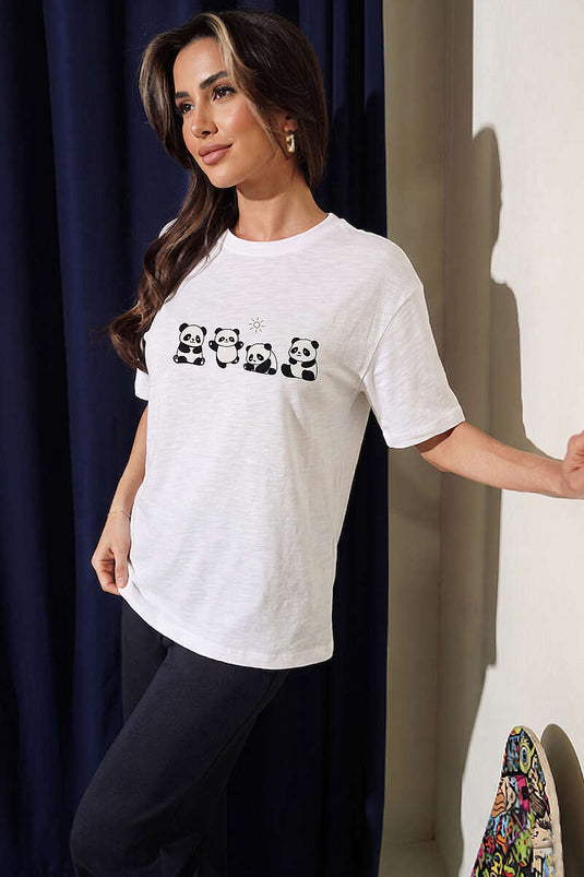 Panda Baskılı T-shirt Beyaz