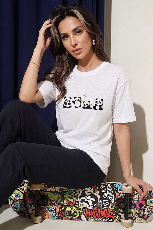 Panda Baskılı T-shirt Beyaz