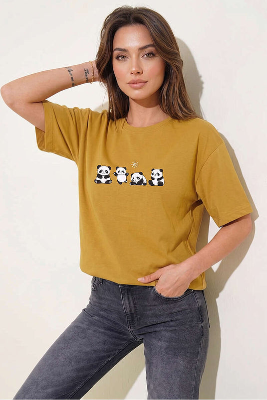 Panda Baskılı T-shirt Yağ Yeşili