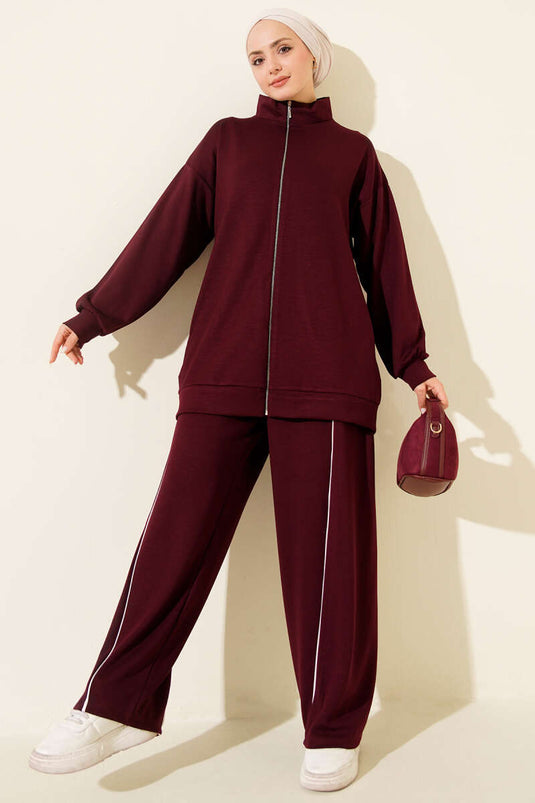 طقم مزدوج من البنطلون بحزام وسحاب لون بوردو