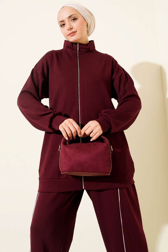 طقم مزدوج من البنطلون بحزام وسحاب لون بوردو