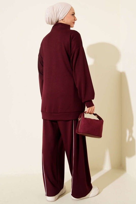 طقم مزدوج من البنطلون بحزام وسحاب لون بوردو