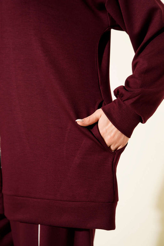 طقم مزدوج من البنطلون بحزام وسحاب لون بوردو