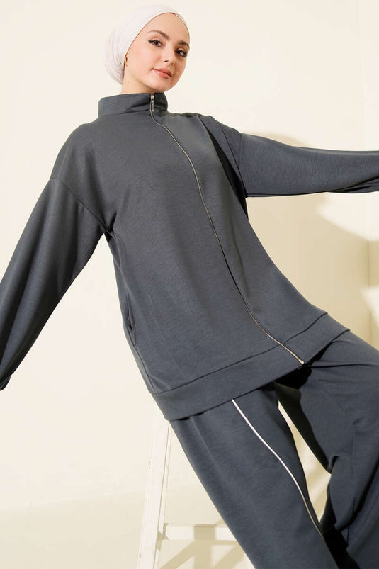 Conjunto doble de pantalón con ribete y cremallera, color humo