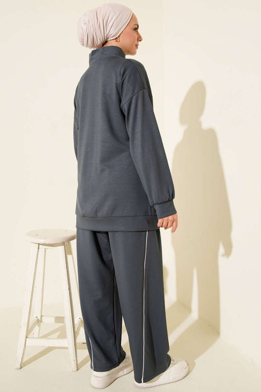 Conjunto doble de pantalón con ribete y cremallera, color humo