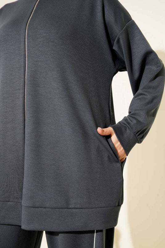 Conjunto doble de pantalón con ribete y cremallera, color humo