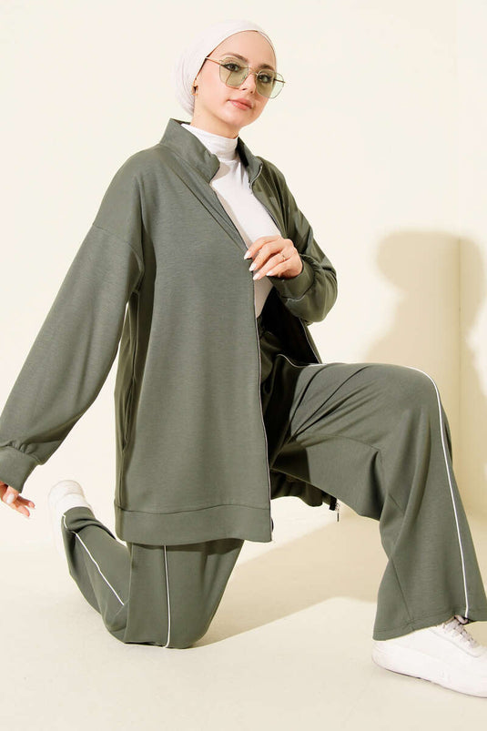Pants with Piping and Zipper, Double Set, Khaki