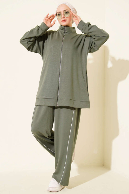 Pants with Piping and Zipper, Double Set, Khaki