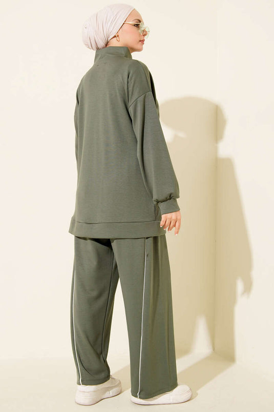 Pants with Piping and Zipper, Double Set, Khaki