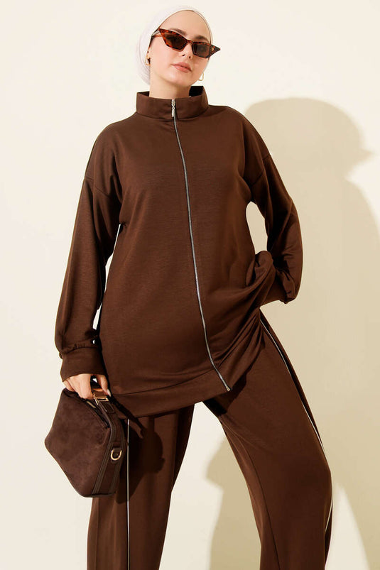 Pants with Piping Zippered Loyşa Two-Piece Set Brown
