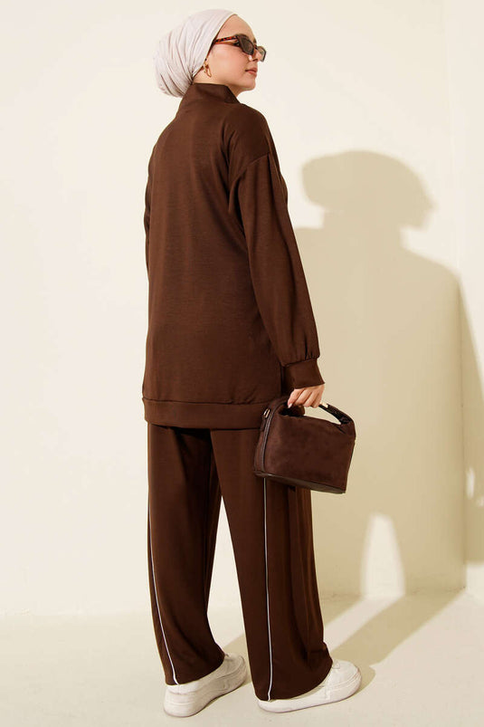 Pants with Piping Zippered Loyşa Two-Piece Set Brown