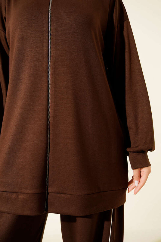 Pants with Piping Zippered Loyşa Two-Piece Set Brown