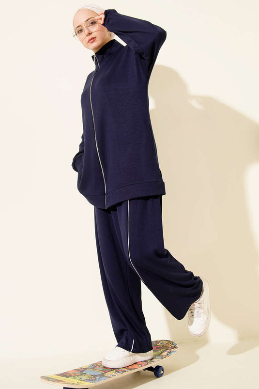 طقم ثنائي سروال بحزام بسحاب لون كحلي