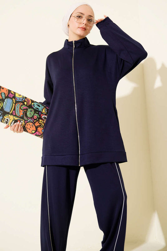 طقم ثنائي سروال بحزام بسحاب لون كحلي