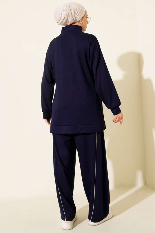 طقم ثنائي سروال بحزام بسحاب لون كحلي