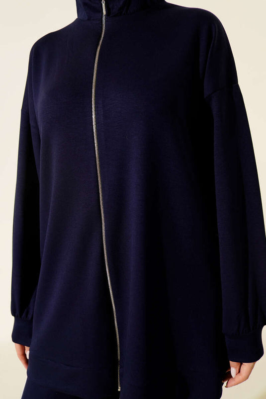 طقم ثنائي سروال بحزام بسحاب لون كحلي