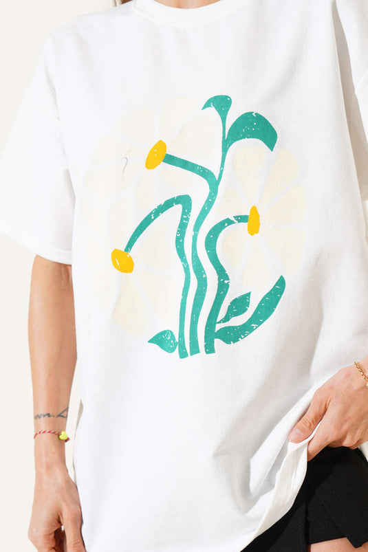 T-shirt imprimé marguerite écru