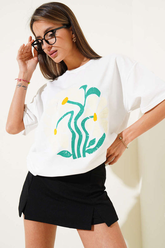 T-shirt imprimé marguerite écru