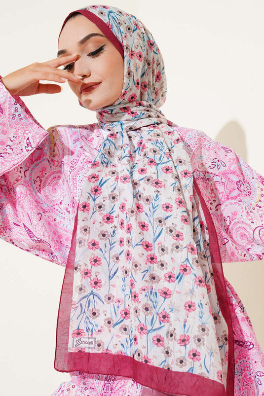 Daisy Pattern Bamboo Crash Shawl Burgundy