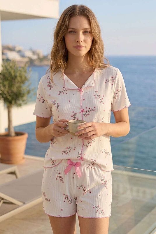 Papatya Desen Gömlek Yaka Şortlu Pijama Takımı Pembe