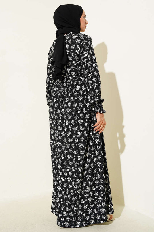 Kleid aus Crêpe mit Gänseblümchenmuster und Gürtel in Schwarz