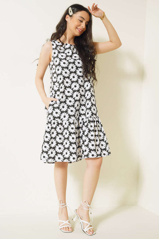 Papatya Desenli Sıfır Kol Elbise Siyah