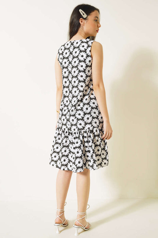 Papatya Desenli Sıfır Kol Elbise Siyah