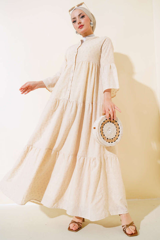 Papatya İşlemeli Elbise Bej