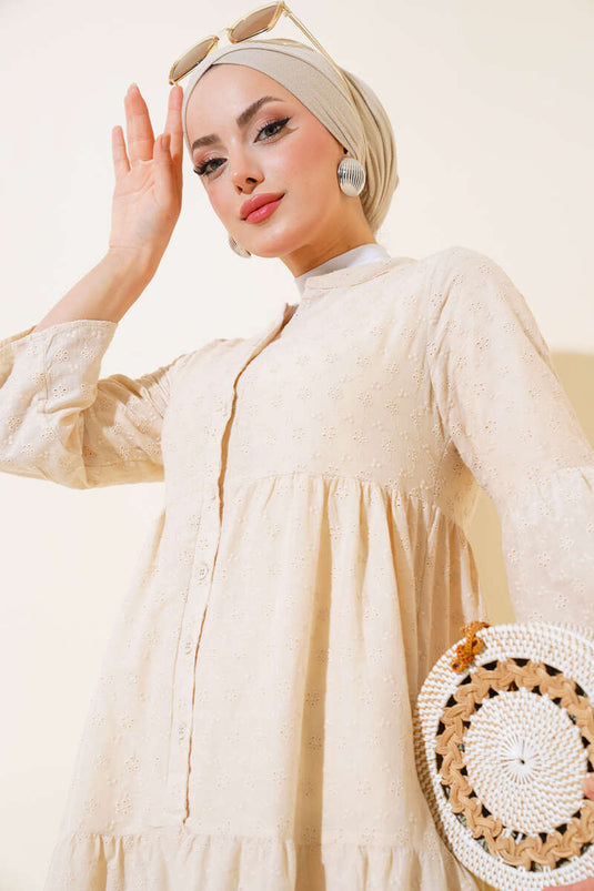 Papatya İşlemeli Elbise Bej