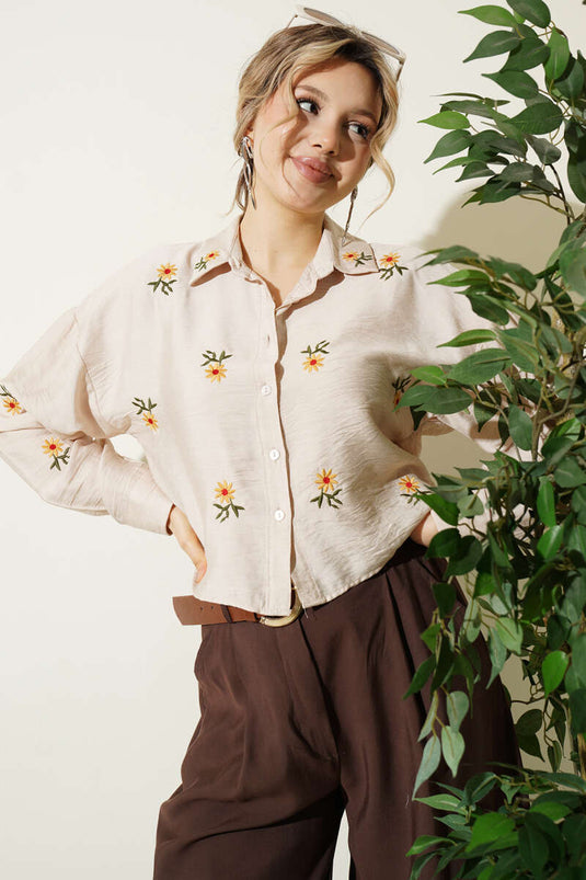 Camicia Crop a Manica Lunga con Ricamo Papatya Beige