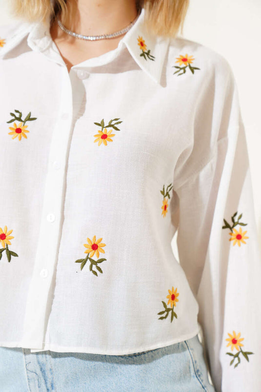 Chemise courte à manches longues brodée Papatya blanche