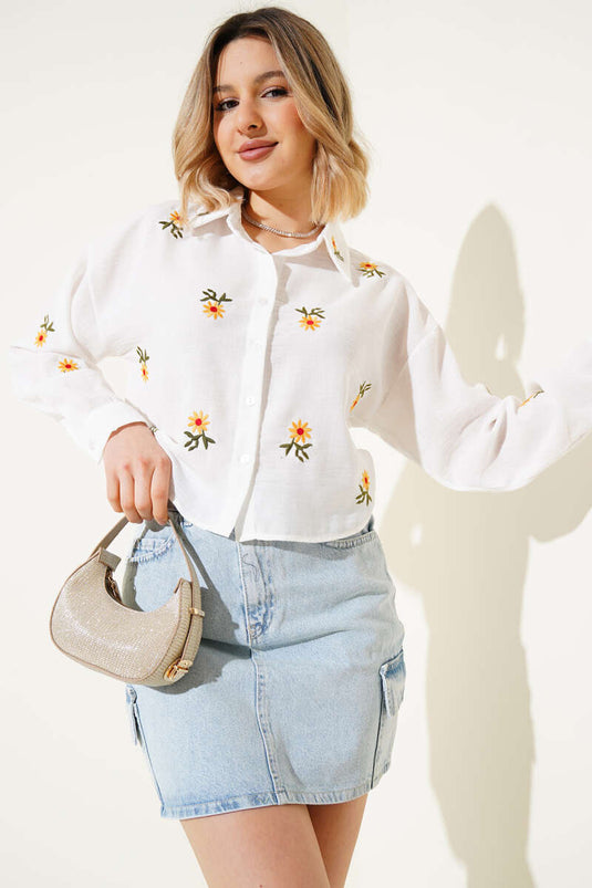 Chemise courte à manches longues brodée Papatya blanche