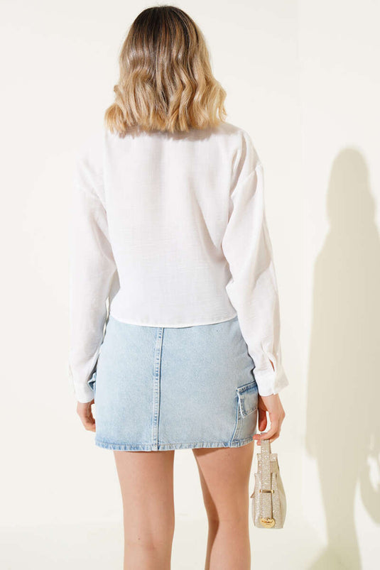 Chemise courte à manches longues brodée Papatya blanche