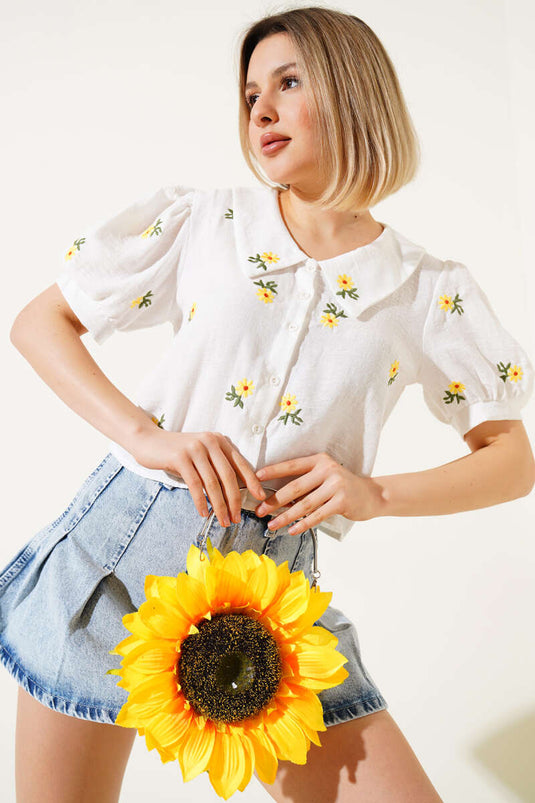 Daisy Embroidered Half Sleeve Short Shirt Ecru