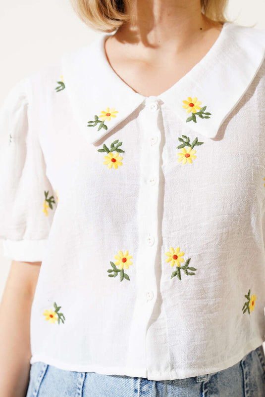 Daisy Embroidered Half Sleeve Short Shirt Ecru