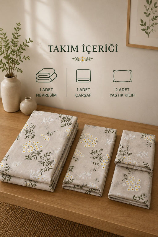 Juego de ropa de cama para dos personas con margaritas, color crema