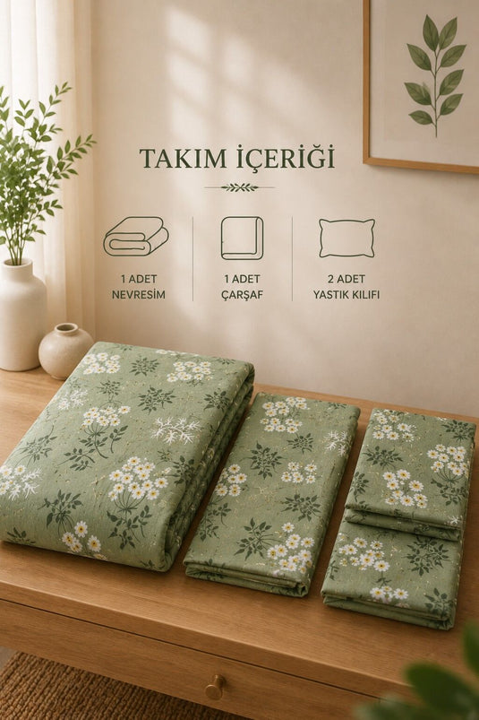 Juego de ropa de cama para dos personas con margaritas verde