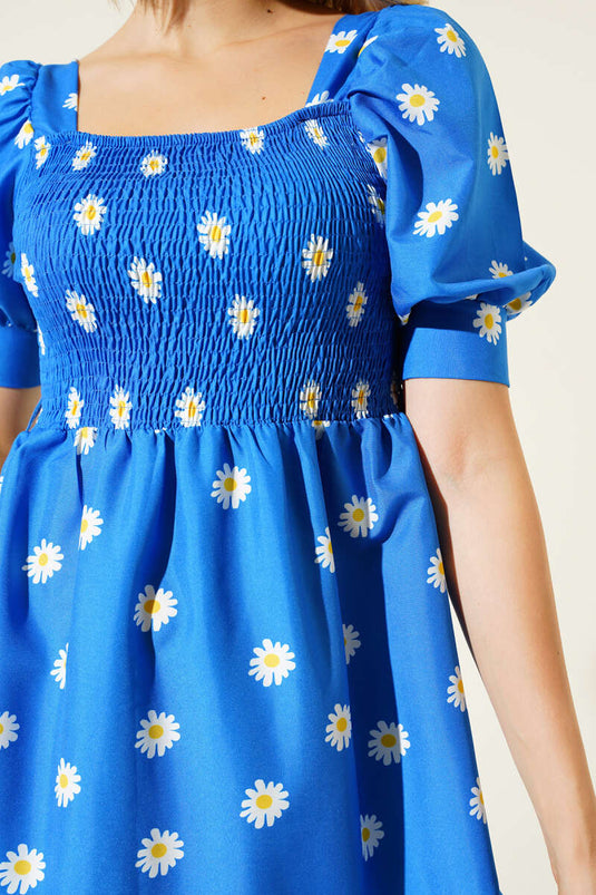 Papatyalı Gipeli Midi Elbise Mavi